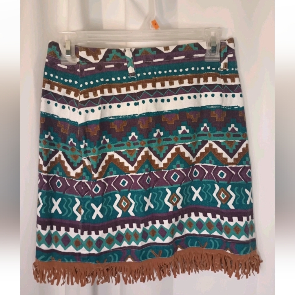 Vtg 90s Extra Blues Southwestern Mini Wrap Skirt Juniors 7 Aztec Fringe Eclectic - Picture 3 of 6